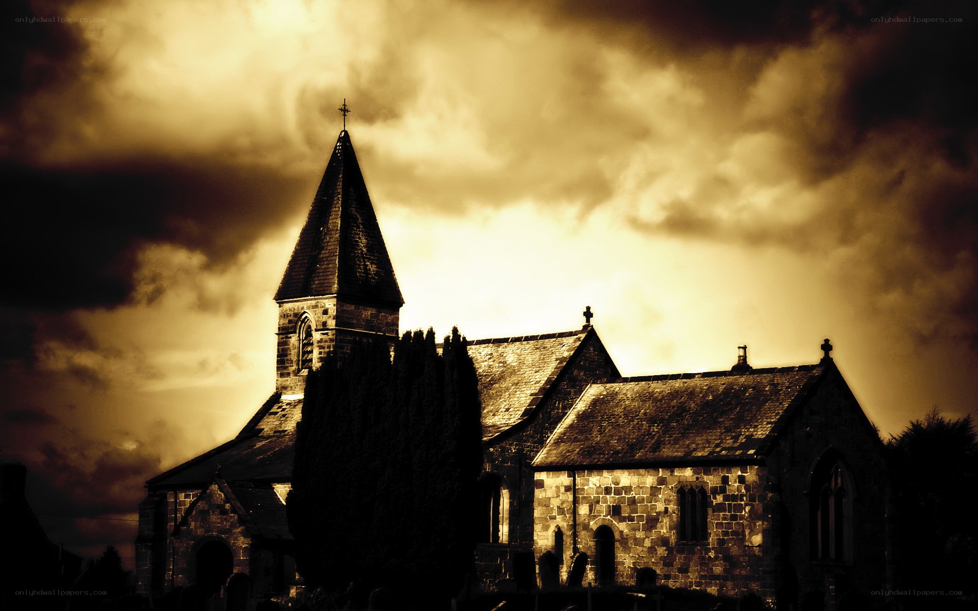 Church at sunset with dramatic sky
