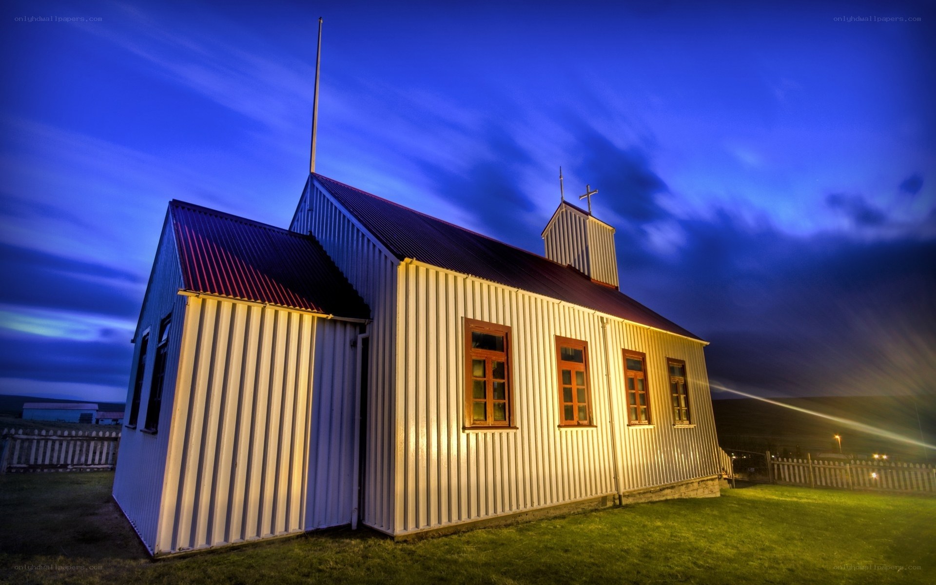 Church at twilight with aurora