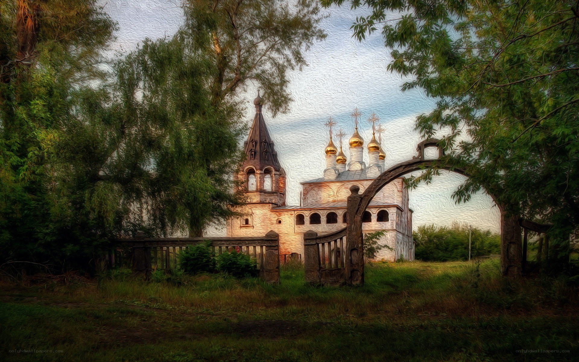 Church behind a stone archway