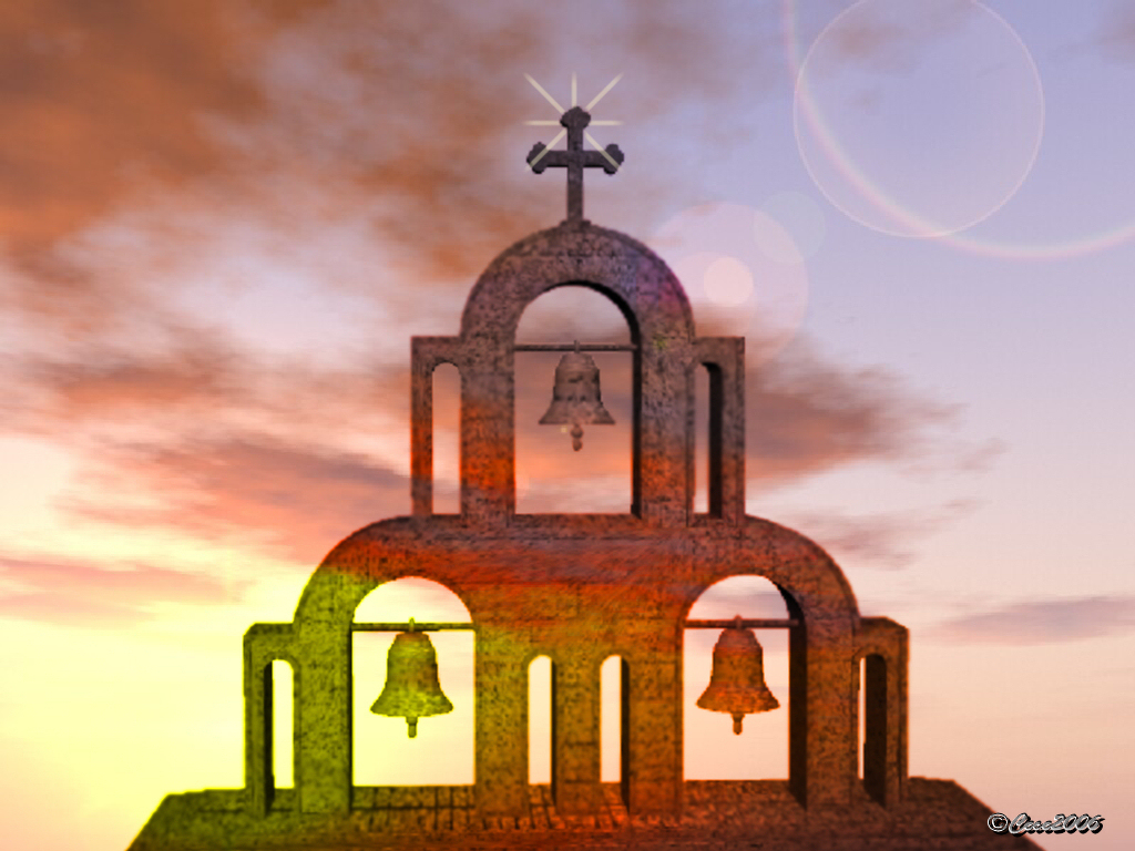 Church bell tower at sunset