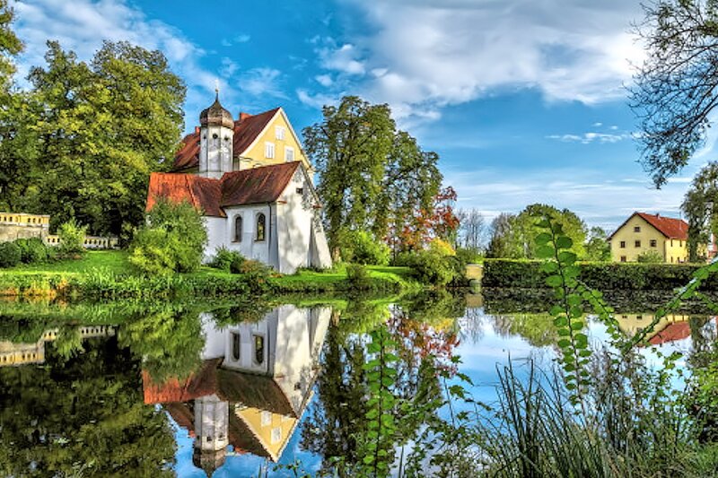 Church by a Lake — Blue, Serene, Afternoon