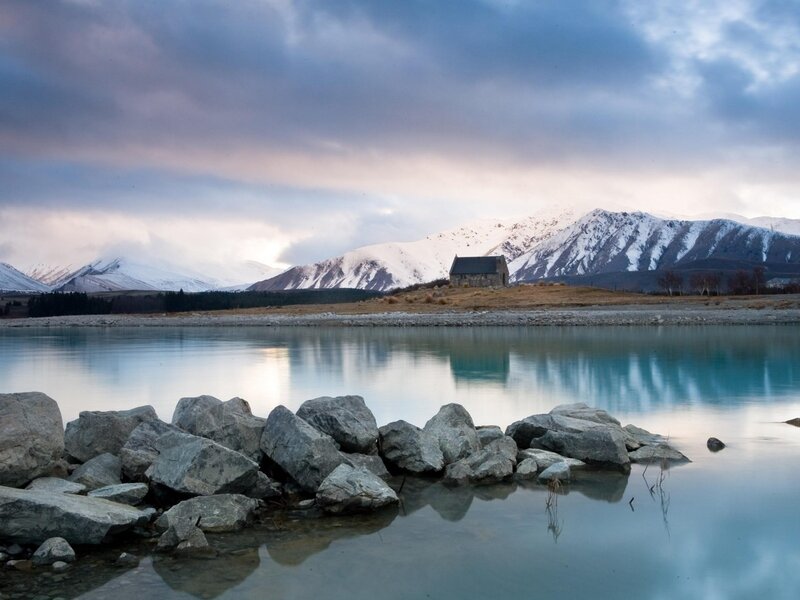 Church by a lake in the mountains