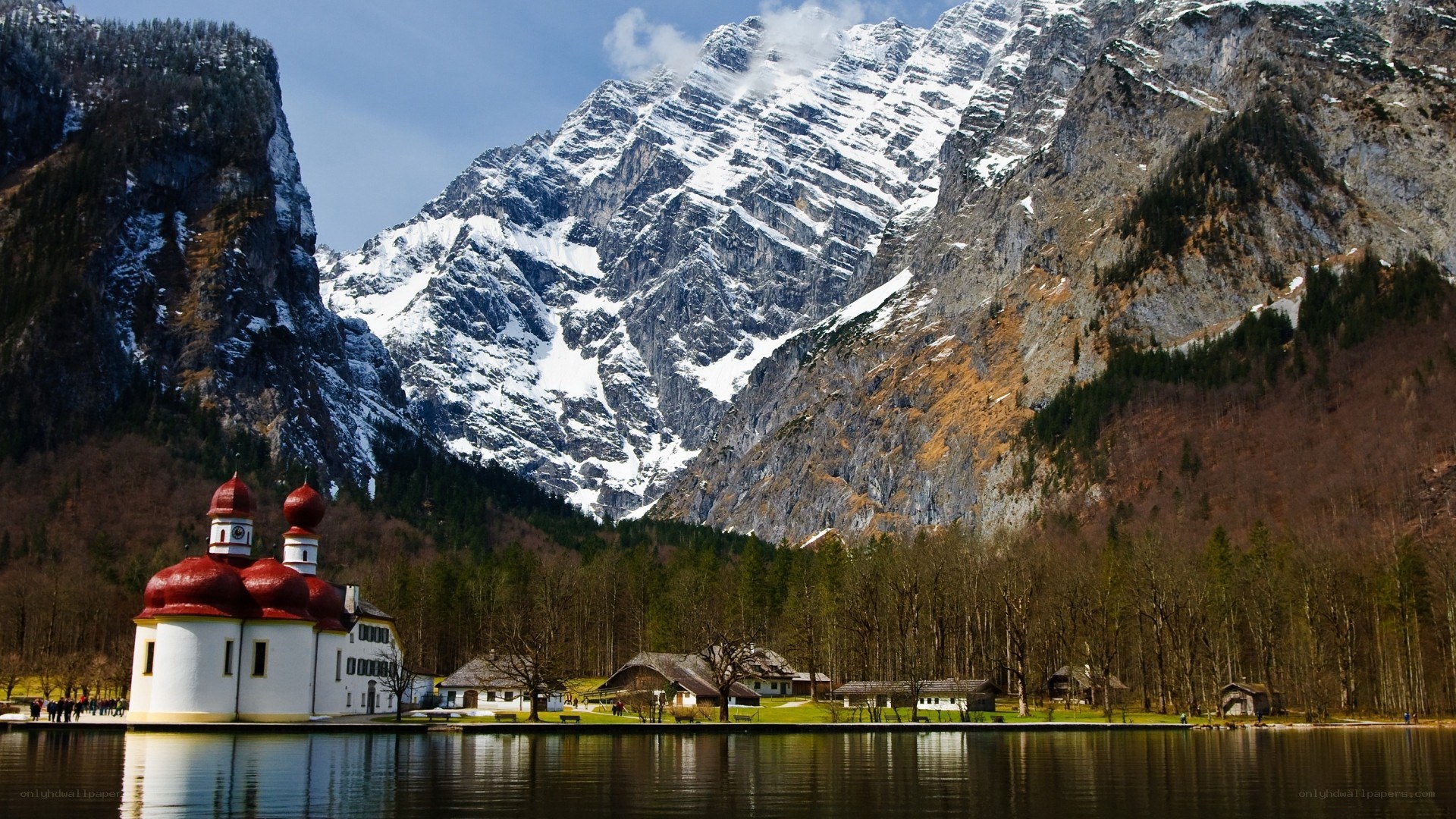 Church by a mountain lake