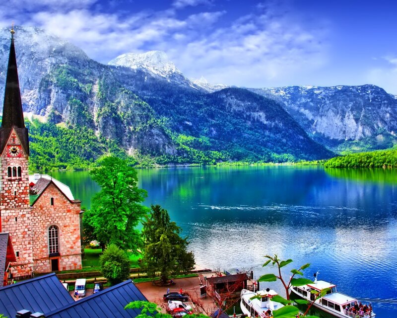 Church by a mountain lake