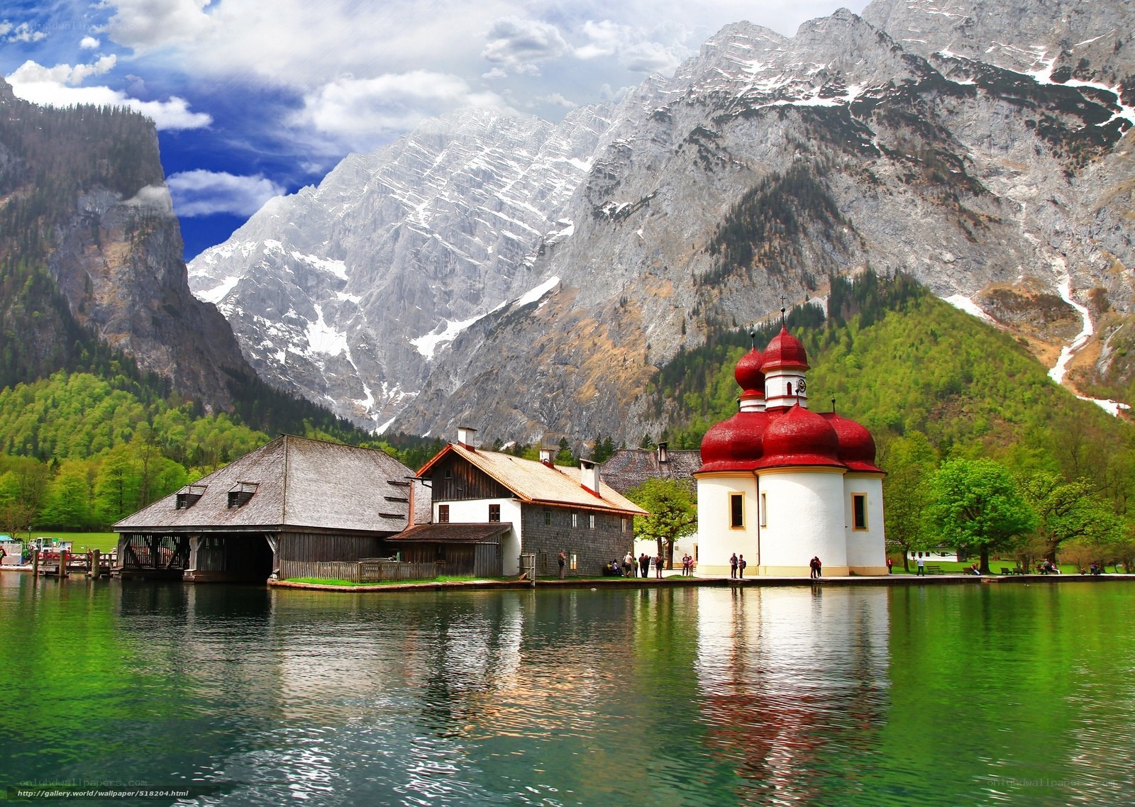 Church by a mountain lake