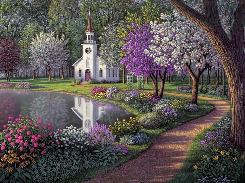 Church by a pond in spring