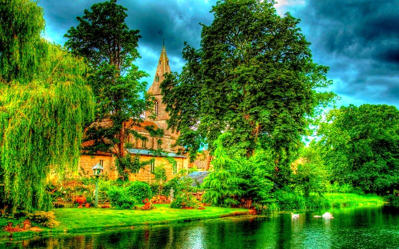 Church by a River — Green, Dramatic