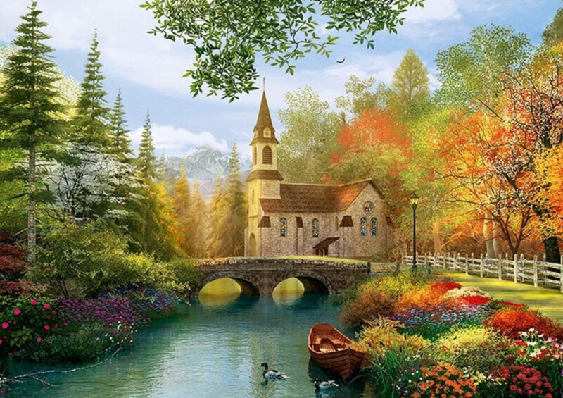 Church by a River — Green, Serene, Autumn, Painting, Bridge