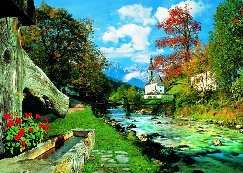 Church by a River — Green, Serene, Autumn