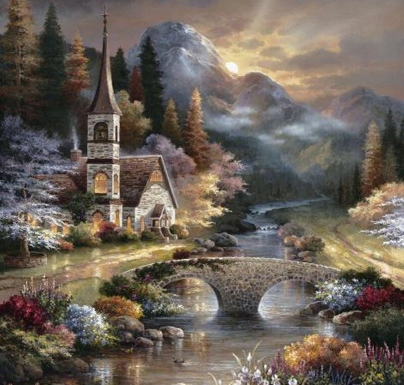 Church by a River — Green, Serene, Sunset