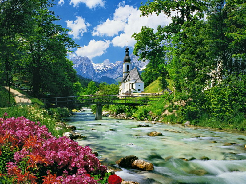 Church by a River — Green, Serene