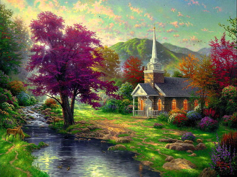 Church by a Stream — Green