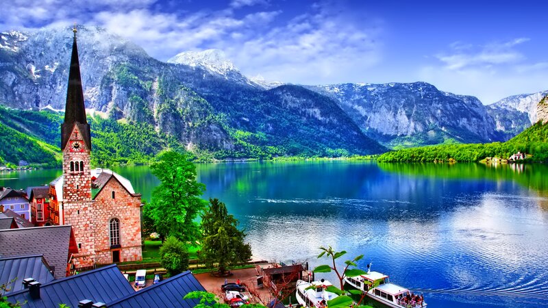 Church by Lake and Mountains — Blue