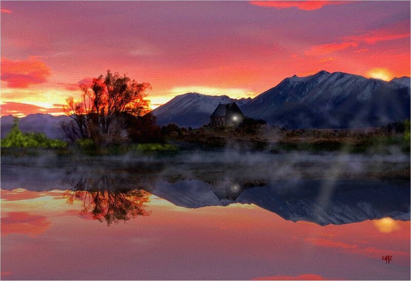 Church by Lake at Sunrise