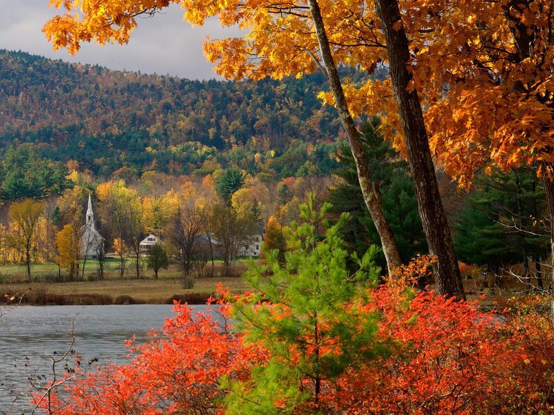 Church by Lake in Autumn