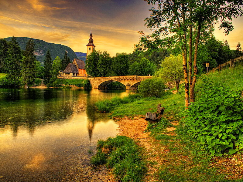 Church by River at Sunset