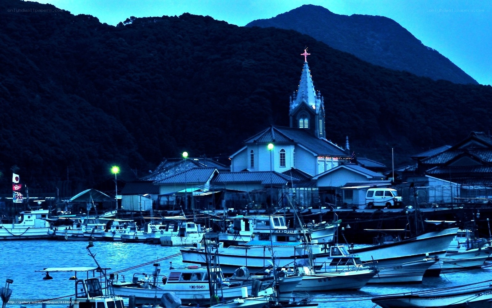 Church by the harbor at dusk