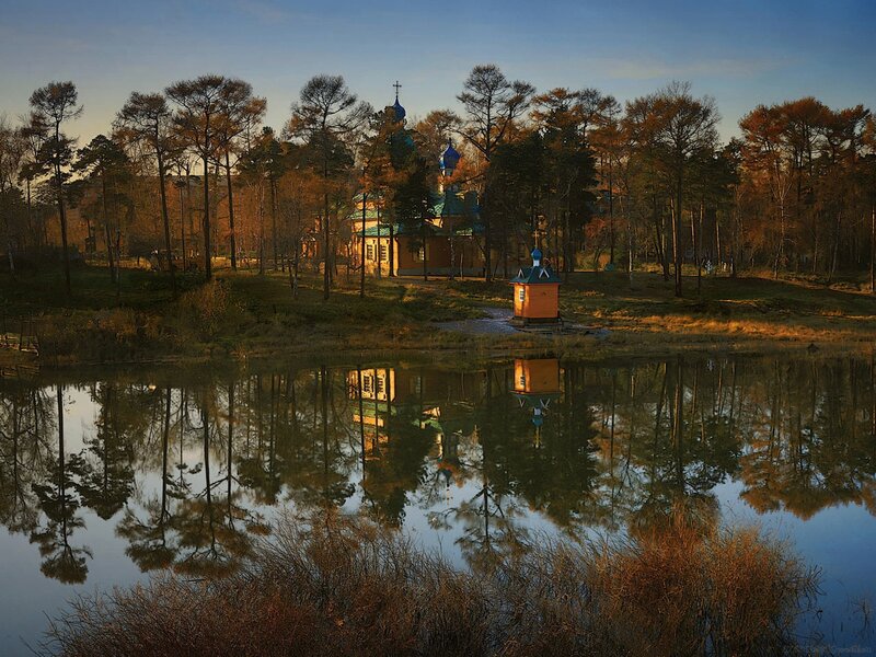 Church by the lake at sunrise