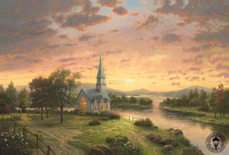 Church by the river at sunset