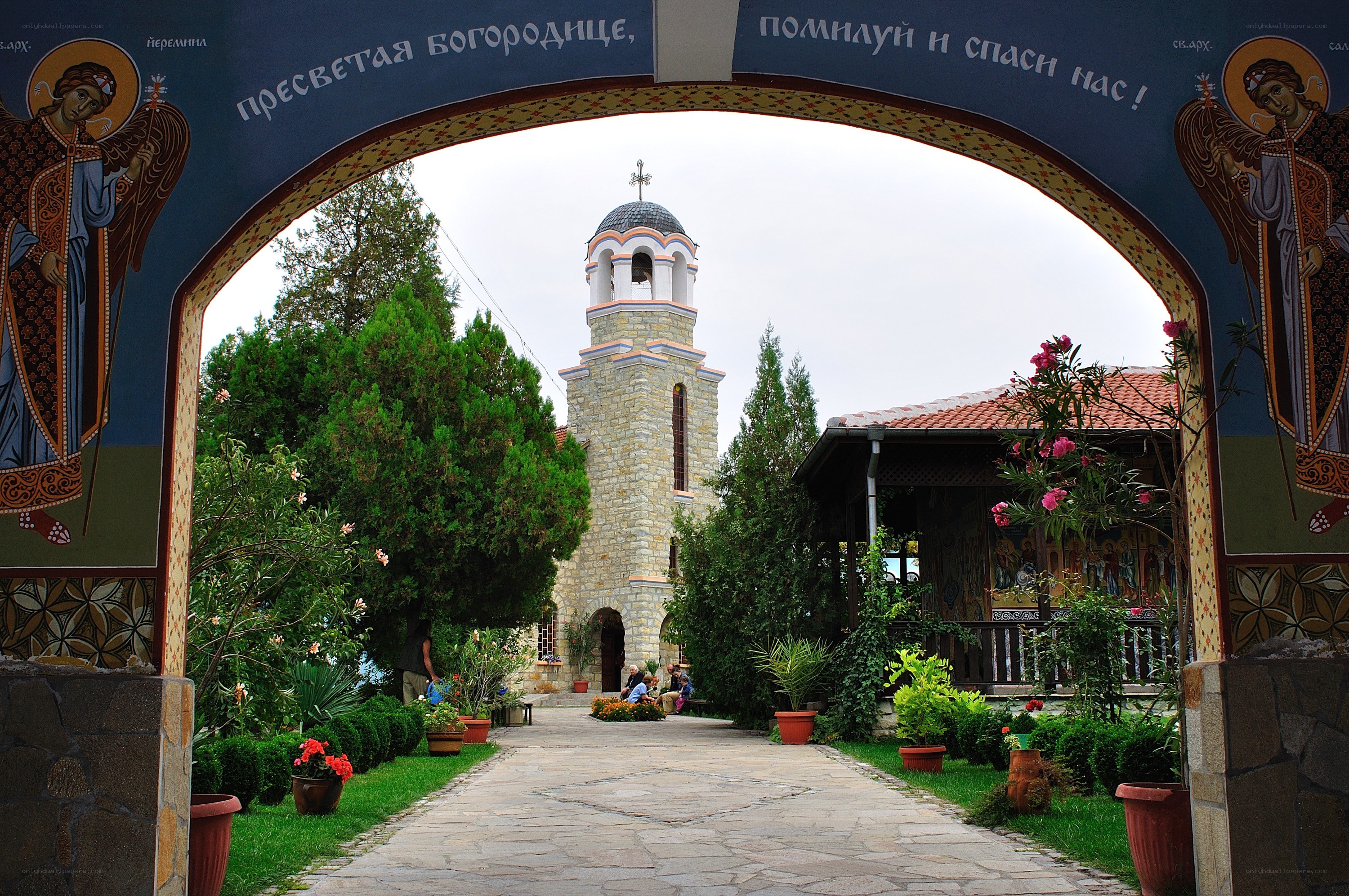 Church courtyard with bell tower
