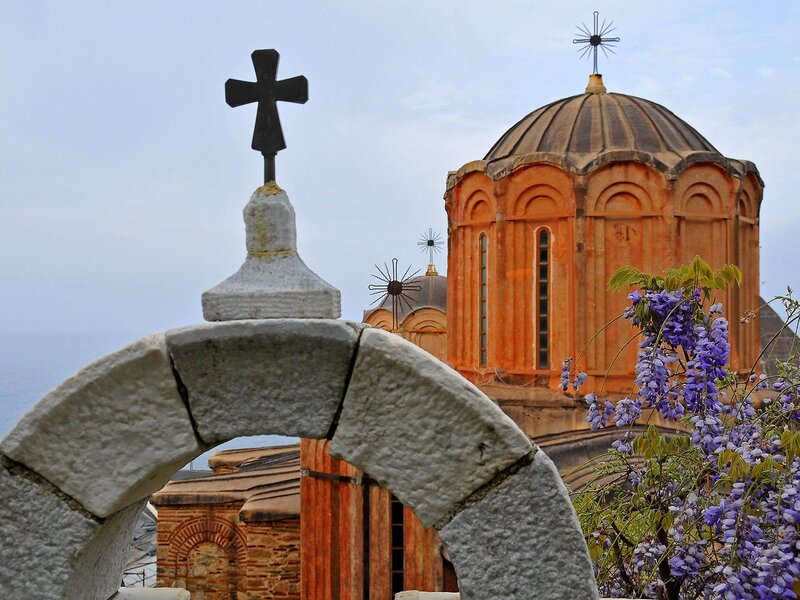 Church dome with wisteria flowers