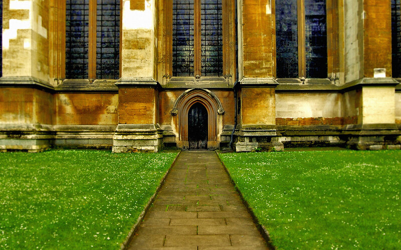 Church entrance with stained glass