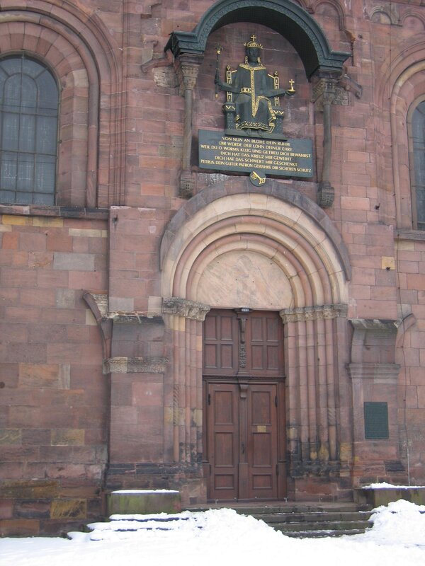 Church entrance with statue