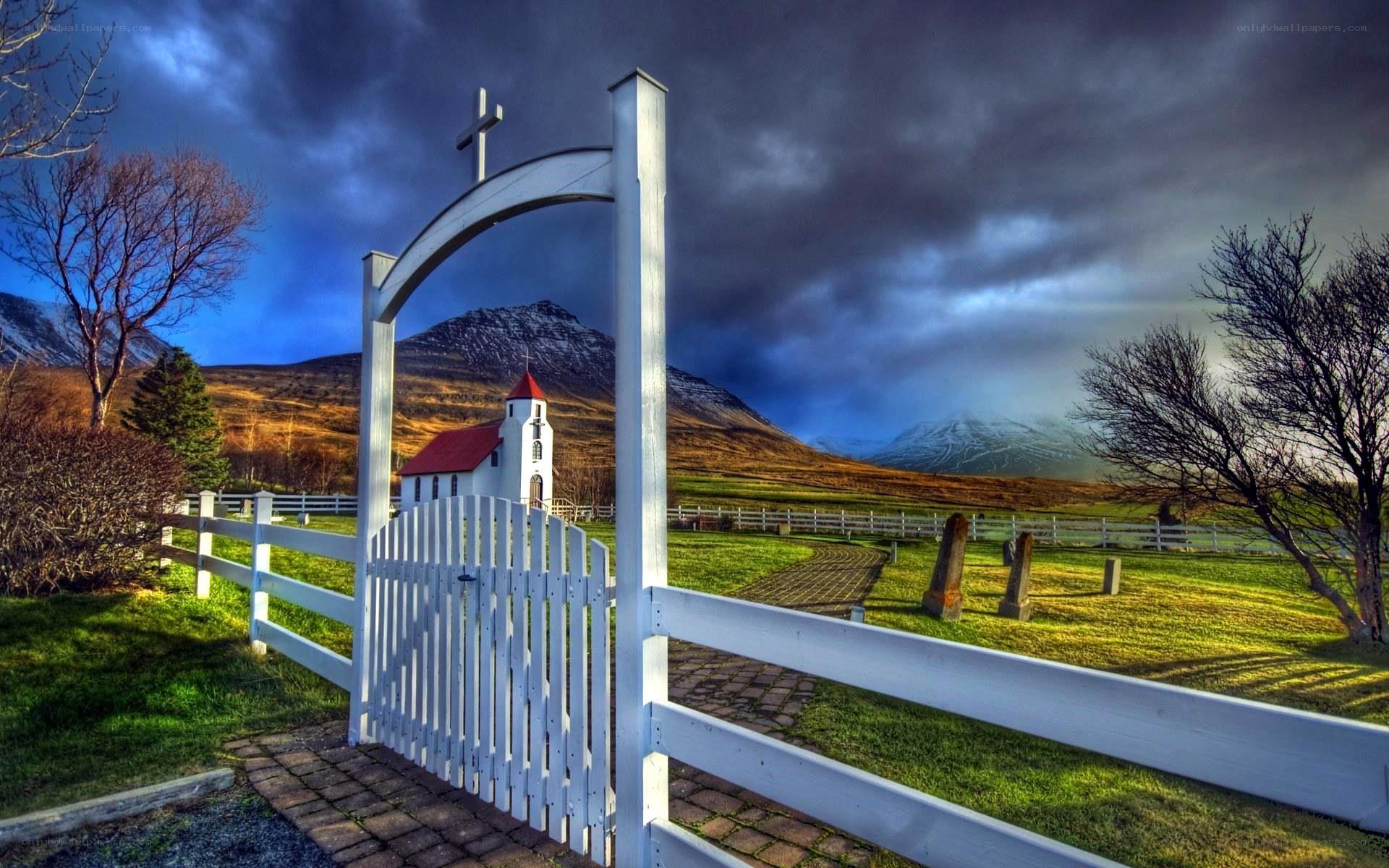 Church gate with mountain view