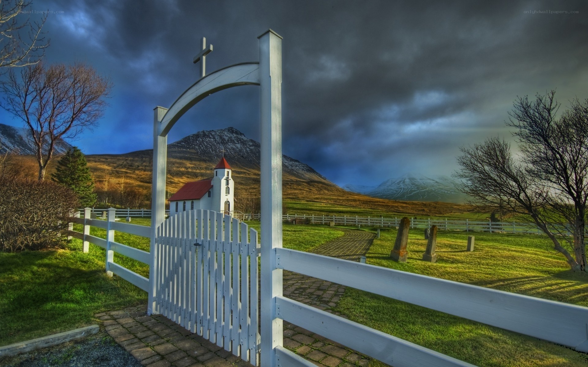 Church gate with mountain view