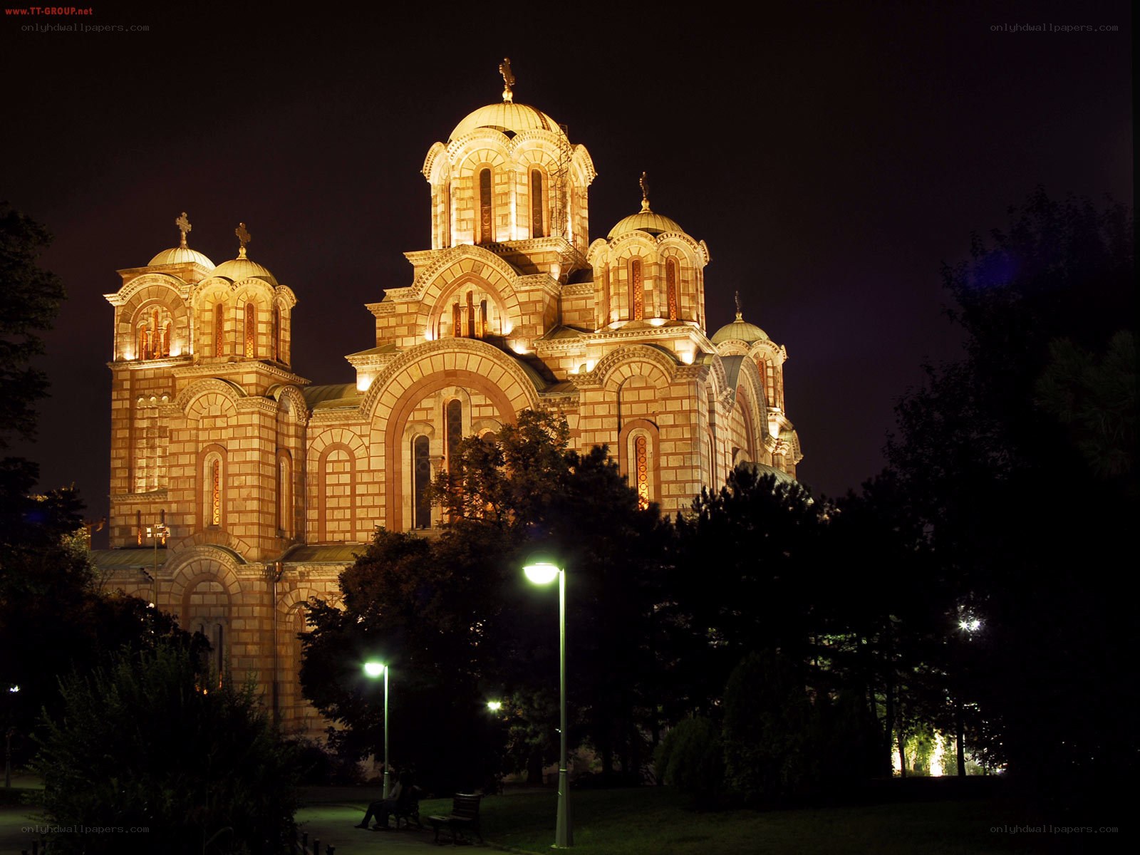 Church illuminated at night