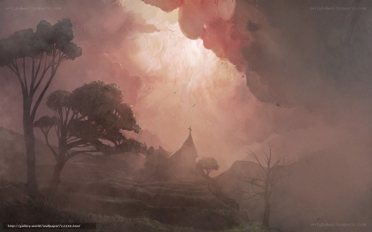 Church in a misty landscape