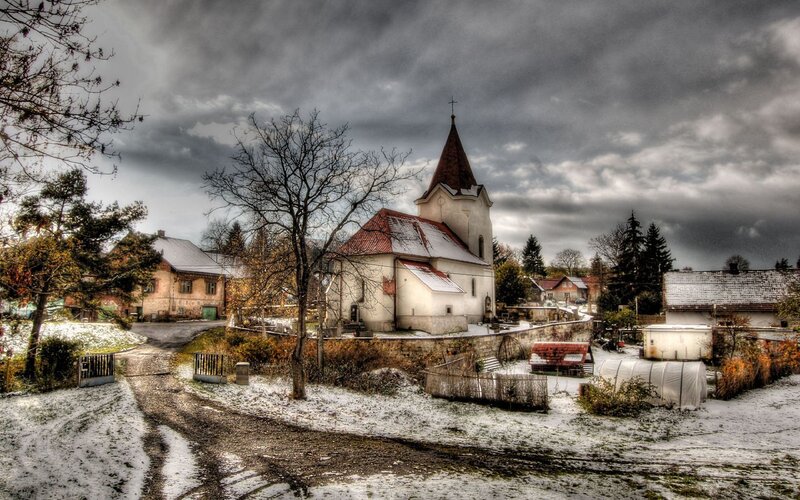 Church in a snowy village