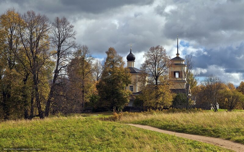 Church in Autumn Landscape — Green, Dramatic