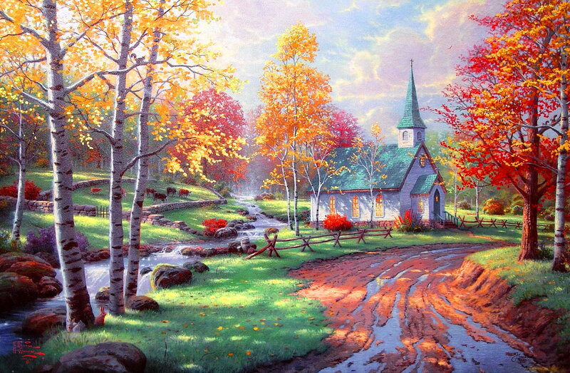 Church in Autumn Landscape — Green, Serene