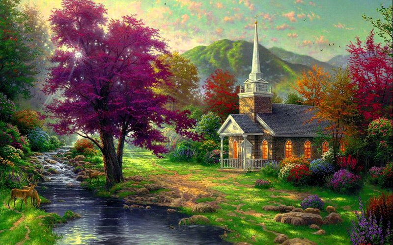Church in Autumn Landscape — Green