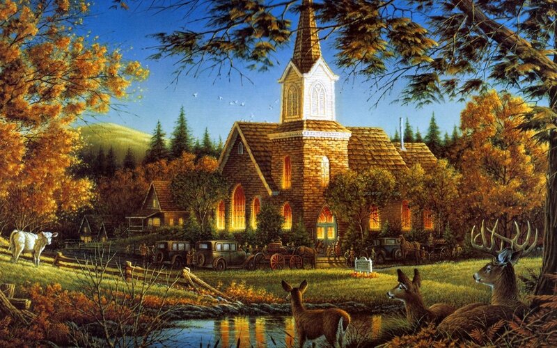Church in Autumn Landscape — Orange