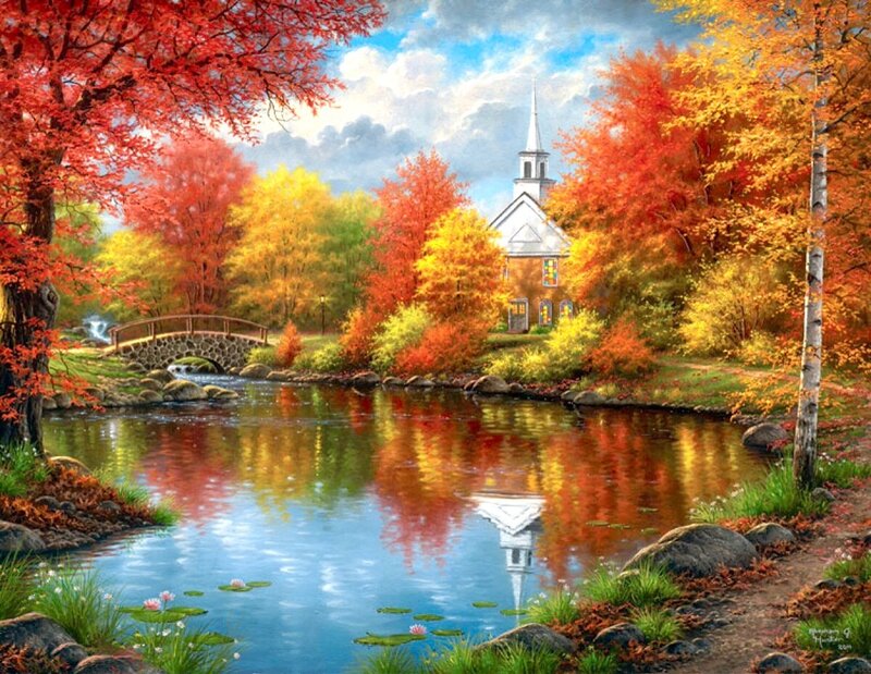 Church in Autumn Landscape — Red, Serene