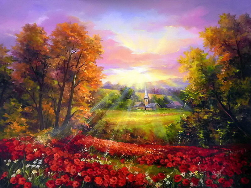 Church in Autumn Landscape — Red