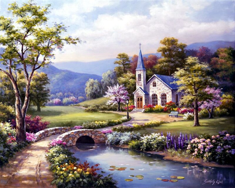 Church in Garden Landscape — Green