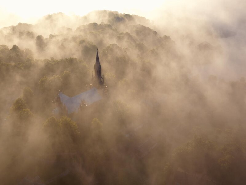 Church in morning mist