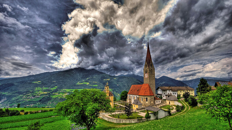 Church in Mountain Valley — Green, Dramatic