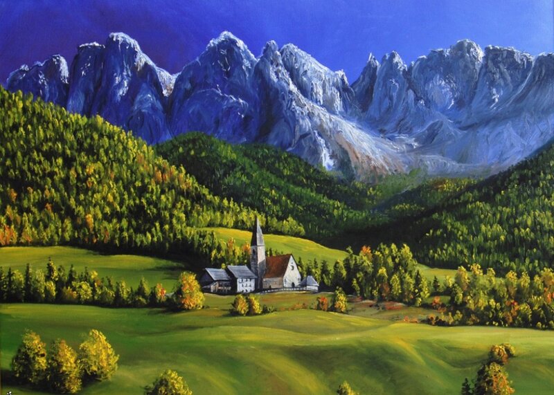 Church in Mountain Valley — Green, Serene, Afternoon, Painting