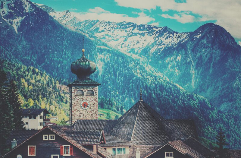 Church in Mountain Village — Blue, Serene