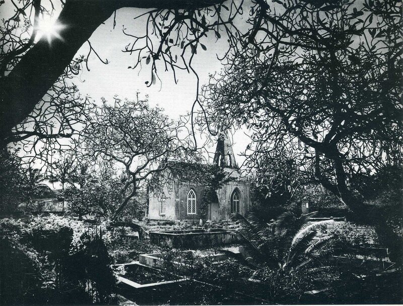 Church in overgrown garden