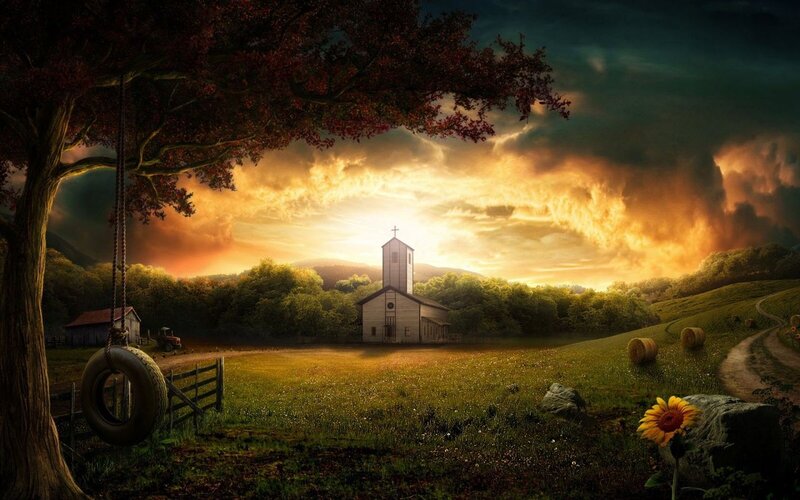 Church in Rural Landscape — Green, Dramatic, Sunset, Digital Art, Tree