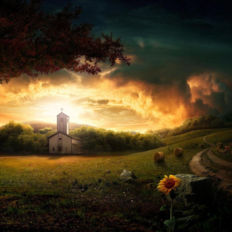 Church in Rural Landscape — Green, Dramatic