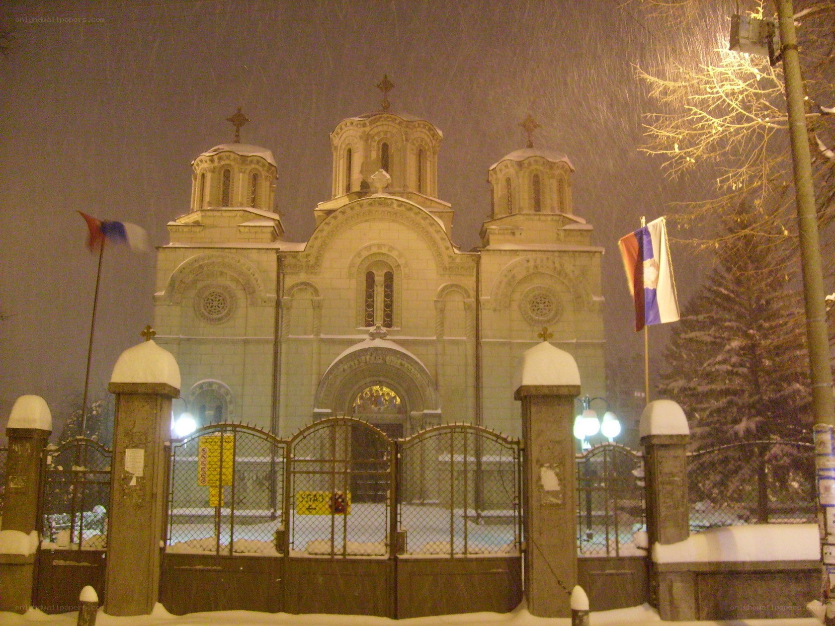Church in snow at night