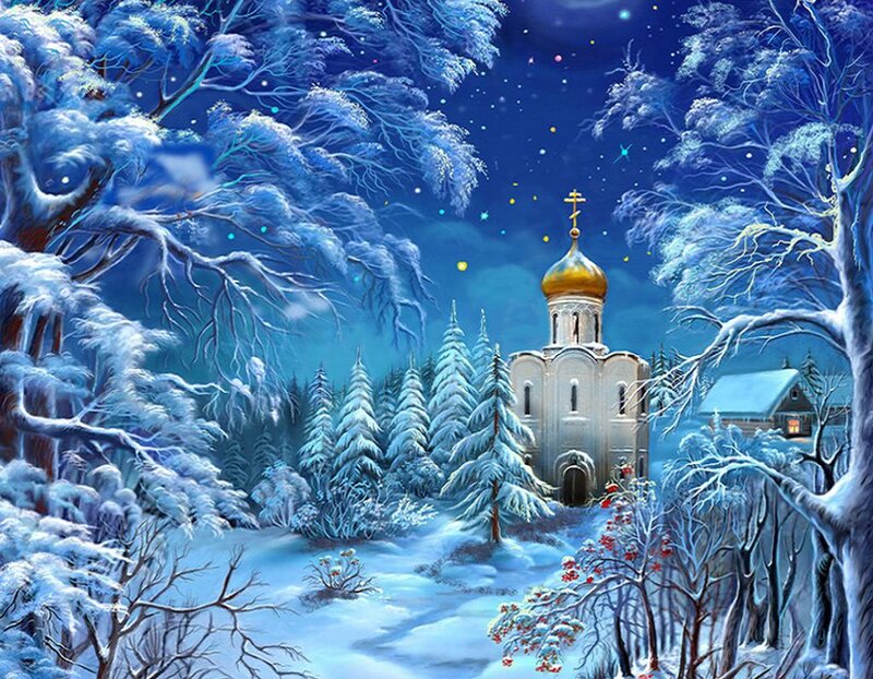 Church in Snowy Forest — Blue
