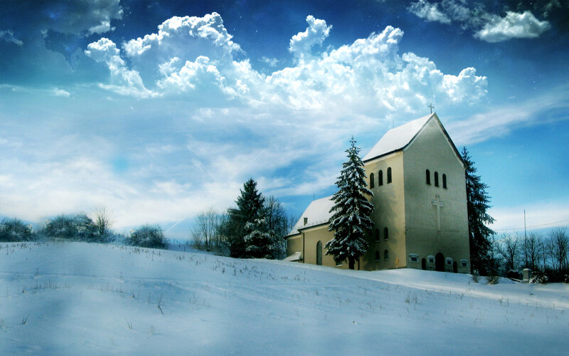 Church in Snowy Landscape — Blue, Serene