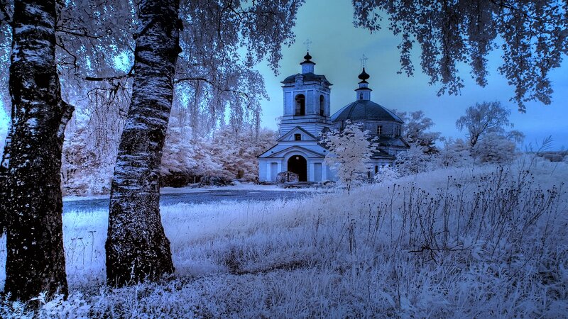 Church in Snowy Landscape — Blue